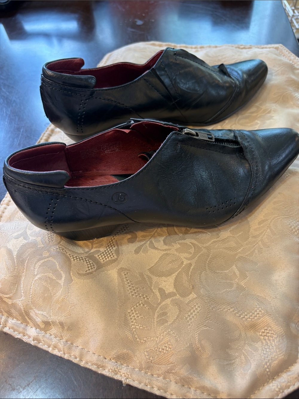 Josef Seibel Black Leather Low Heel Ankle Booties with Red Interior